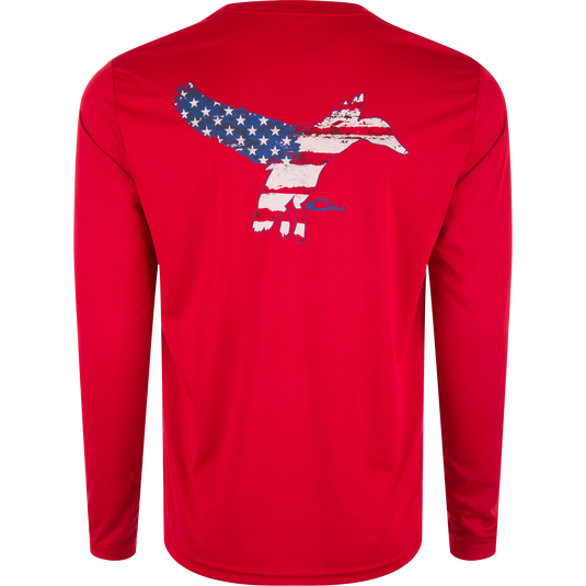 Drake Icon Americana Long Sleeve T-Shirt featuring a bird design, ideal for outdoor activities with its breathable, moisture-wicking polyester fabric.