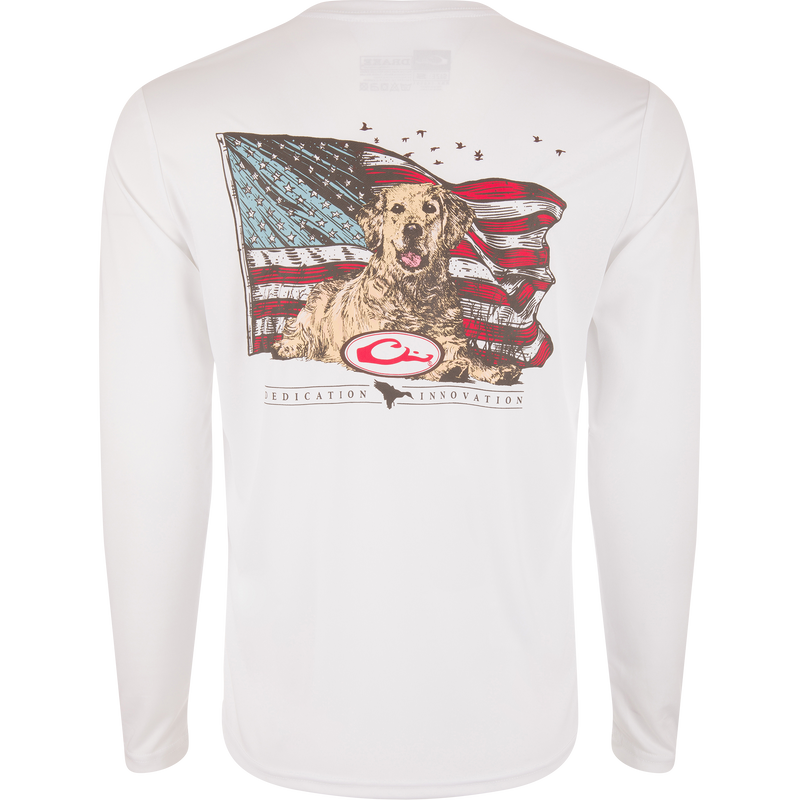 Drake Icon Americana Long Sleeve T-Shirt featuring a dog and flag design, ideal for outdoor activities with UPF 50 protection and moisture-wicking fabric.