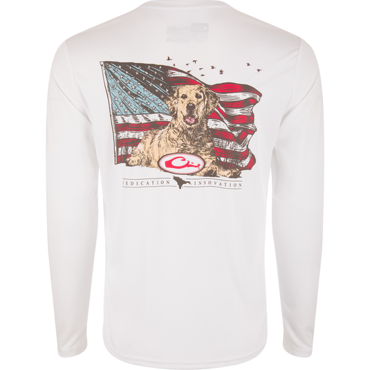 Drake Icon Americana Long Sleeve T-Shirt featuring a dog and flag design, ideal for outdoor activities with UPF 50 protection and moisture-wicking fabric.