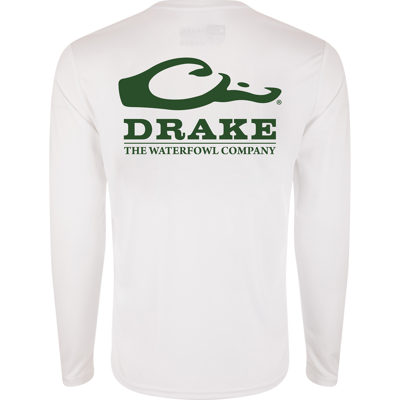 Drake Icon Long Sleeve Performance Crew, a lightweight polyester shirt with UPF 50, moisture-wicking, and Drake logo on front, ideal for outdoor activities.