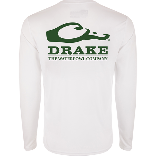 Drake Icon Long Sleeve Performance Crew, a lightweight polyester shirt with UPF 50, moisture-wicking, and Drake logo on front, ideal for outdoor activities.