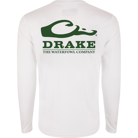 Drake Icon Long Sleeve Performance Crew, a lightweight polyester shirt with UPF 50, moisture-wicking, and Drake logo on front, ideal for outdoor activities.