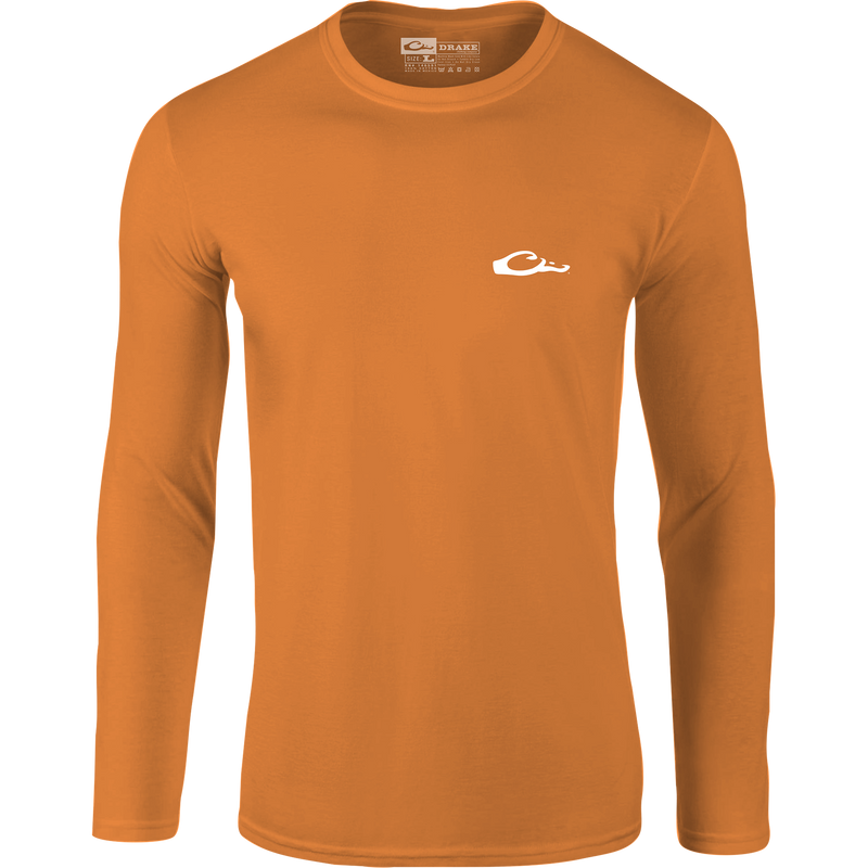 Drake Icon Long Sleeve Performance Crew, lightweight with stretch, features UPF 50 sun protection and moisture-wicking, ideal for outdoor activities, with a Drake duck head logo.