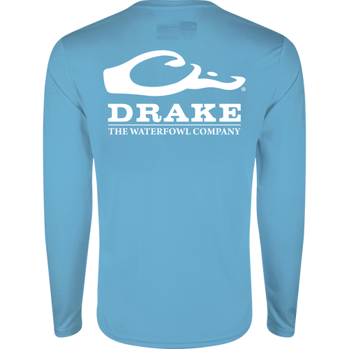 Drake Icon Long Sleeve Performance Crew, lightweight and breathable, features the Drake duck head logo and UPF 50 protection, ideal for outdoor activities.