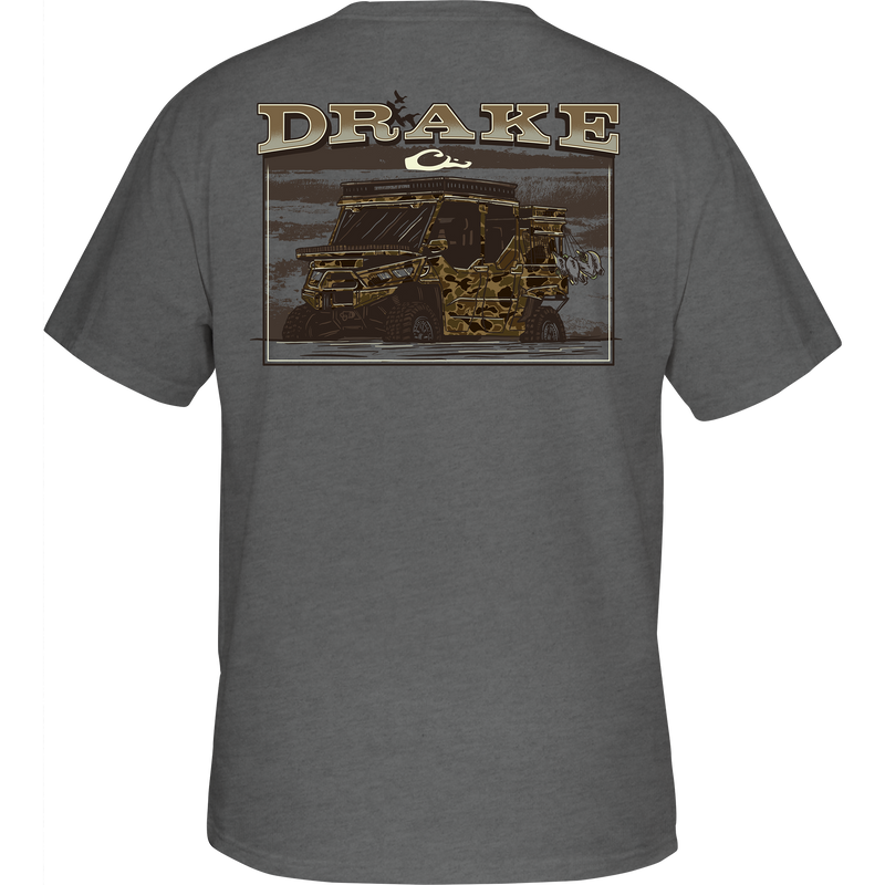 Youth Mud Buggy T-Shirt showing the back with a jeep design, part of Drake's Trucks of Drake Series; front features a Drake logo.