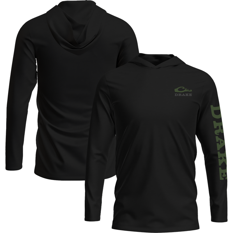 Logo Long Sleeve Hoodie T-Shirt featuring an unconstructed hood, Drake logo on the chest, and Drake text down the left sleeve, made from a soft cotton-poly blend.