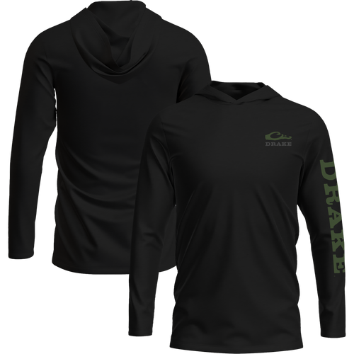 Logo Long Sleeve Hoodie T-Shirt featuring an unconstructed hood, Drake logo on the chest, and Drake text down the left sleeve, made from a soft cotton-poly blend.