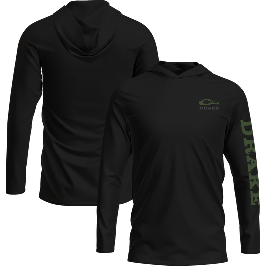 Logo Long Sleeve Hoodie T-Shirt featuring an unconstructed hood, Drake logo on the chest, and Drake text down the left sleeve, made from a soft cotton-poly blend.