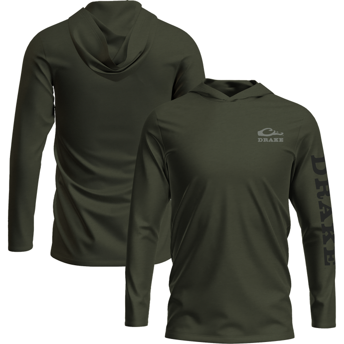 Drake Waterfowl's Logo Long Sleeve Hoodie T-Shirt features an unconstructed hood, with the Drake logo on the front and down the left sleeve.