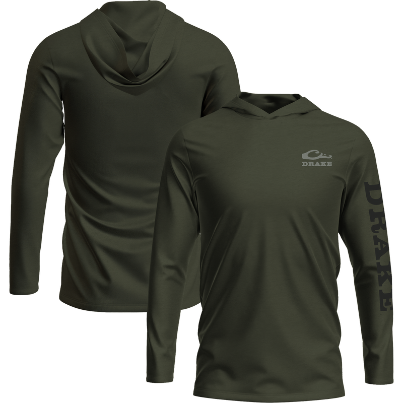Drake Waterfowl's Logo Long Sleeve Hoodie T-Shirt features an unconstructed hood, with the Drake logo on the front and down the left sleeve.