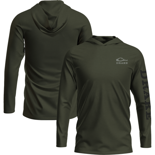 Drake Waterfowl's Logo Long Sleeve Hoodie T-Shirt features an unconstructed hood, with the Drake logo on the front and down the left sleeve.