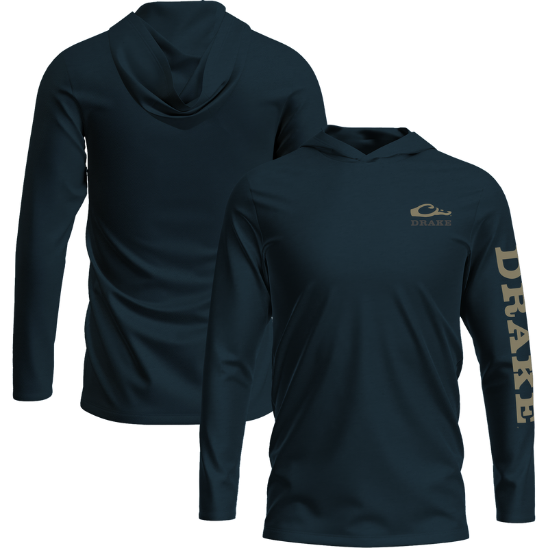 Logo Long Sleeve Hoodie T-Shirt with unconstructed hood, Drake logo front, and sleeve print. Made from soft 60% cotton, 40% polyester blend.