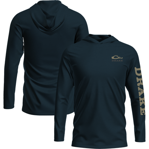 Logo Long Sleeve Hoodie T-Shirt with unconstructed hood, Drake logo front, and sleeve print. Made from soft 60% cotton, 40% polyester blend.