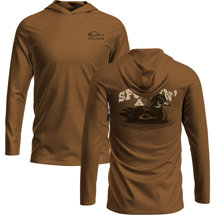 Sportin a Woodie Long Sleeve Graphic Hoodie T-Shirt with unconstructed hood, Drake logo on front, and Drake Sportin a Woodie graphic on back.