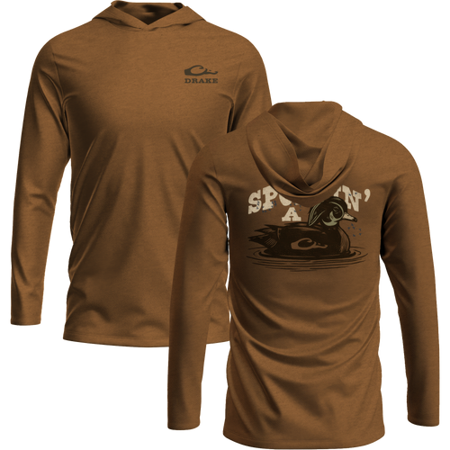 Sportin a Woodie Long Sleeve Graphic Hoodie T-Shirt with unconstructed hood, Drake logo on front, and Drake Sportin a Woodie graphic on back.