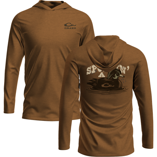 Sportin a Woodie Long Sleeve Graphic Hoodie T-Shirt with unconstructed hood, Drake logo on front, and Drake Sportin a Woodie graphic on back.