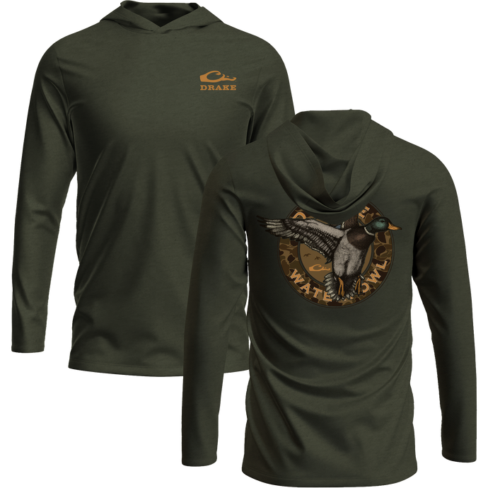Circle Mallard Long Sleeve Graphic Hoodie T-Shirt with unconstructed hood, Drake logo on front, and classic Mallard graphic on back, made from soft cotton-polyester blend.