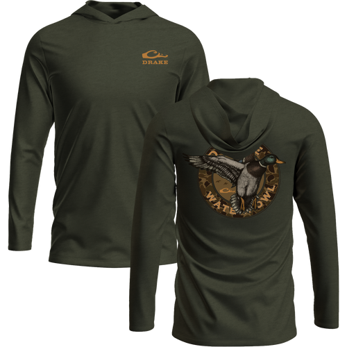 Circle Mallard Long Sleeve Graphic Hoodie T-Shirt with unconstructed hood, Drake logo on front, and classic Mallard graphic on back, made from soft cotton-polyester blend.
