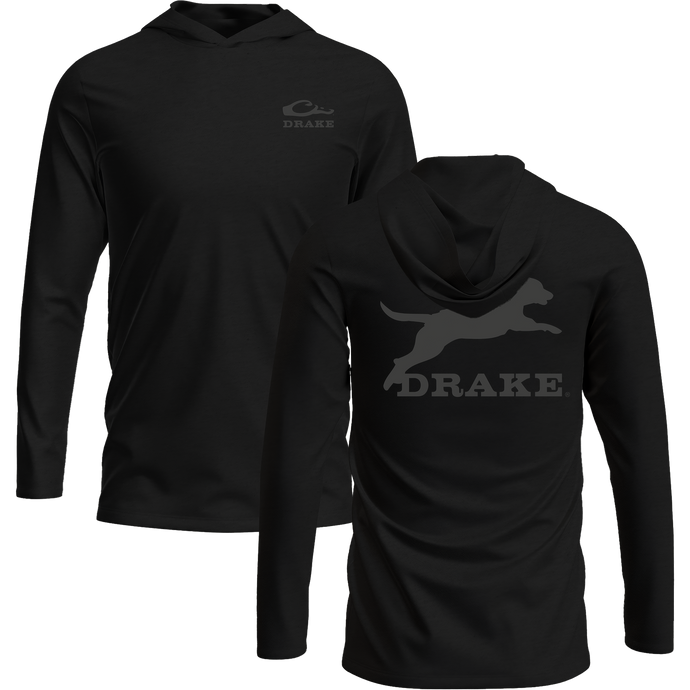 Leaping Lab Long Sleeve Graphic Hoodie T-Shirt with an unconstructed hood, Drake logo on front, and leaping black lab graphic on back.