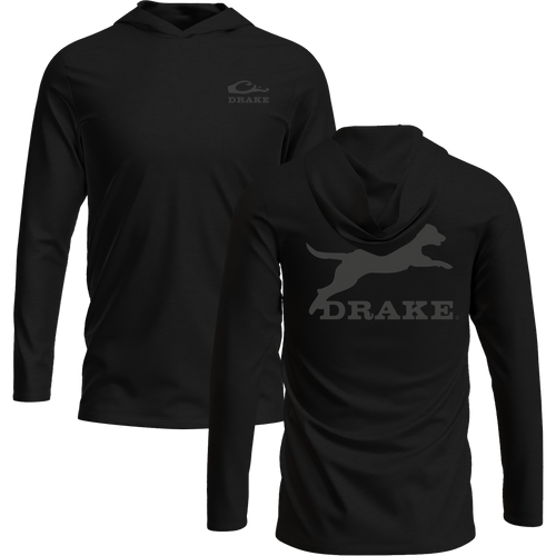 Leaping Lab Long Sleeve Graphic Hoodie T-Shirt with an unconstructed hood, Drake logo on front, and leaping black lab graphic on back.