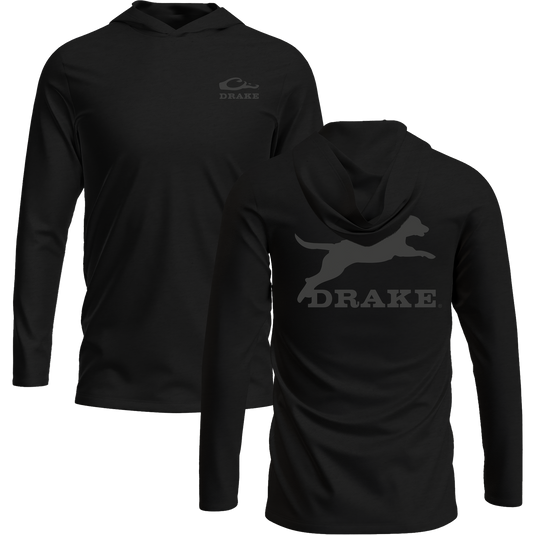 Leaping Lab Long Sleeve Graphic Hoodie T-Shirt with an unconstructed hood, Drake logo on front, and leaping black lab graphic on back.