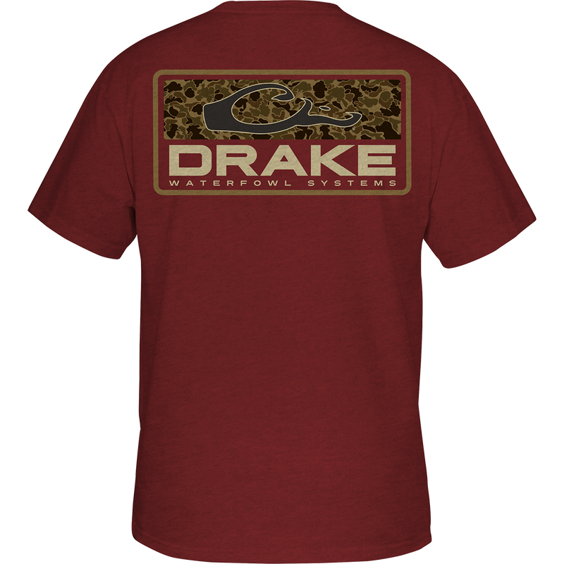 Old School Bar T-Shirt featuring a back screen print of Old School Camo with Drake Logo, and a front pocket with Purewhitelaneshop logo.