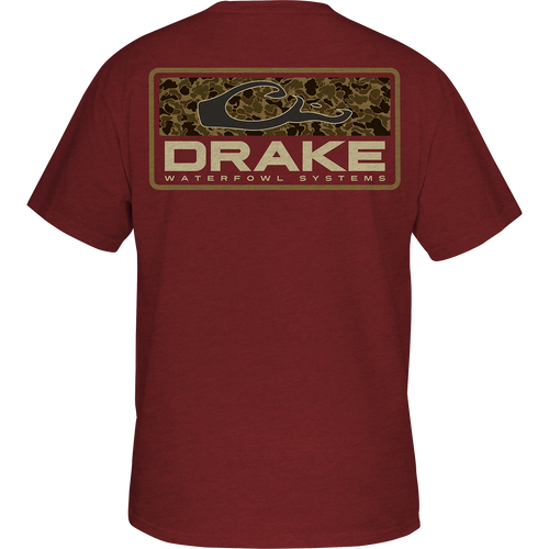Old School Bar T-Shirt featuring a back screen print of Old School Camo with Drake Logo, and a front pocket with Purewhitelaneshop logo.