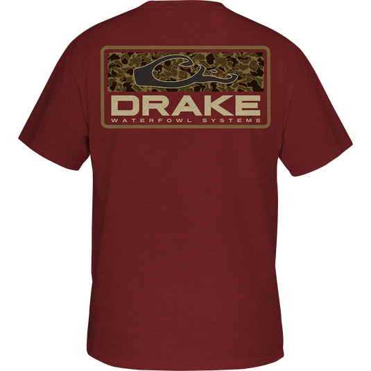 Old School Bar T-Shirt featuring a back screen print of Old School Camo with Drake Logo, and a front pocket with Purewhitelaneshop logo.