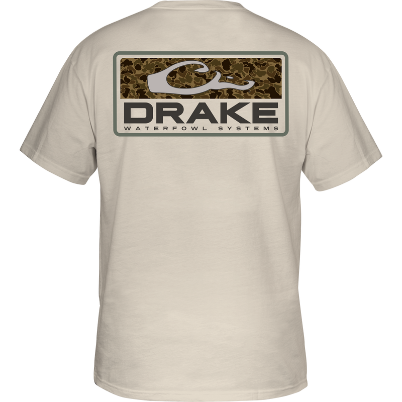 Old School Bar T-Shirt back view with camo logo panel and Purewhitelaneshop SYSTEMS text, highlighting the brand's hunting and outdoor apparel focus.