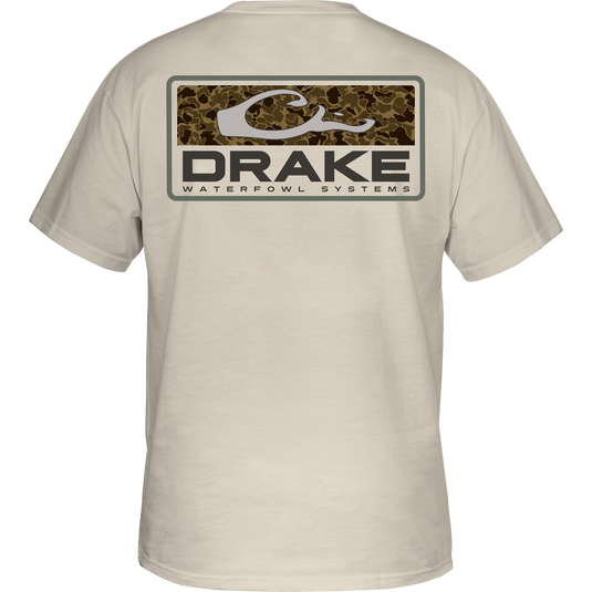 Old School Bar T-Shirt back view with camo logo panel and Purewhitelaneshop SYSTEMS text, highlighting the brand's hunting and outdoor apparel focus.