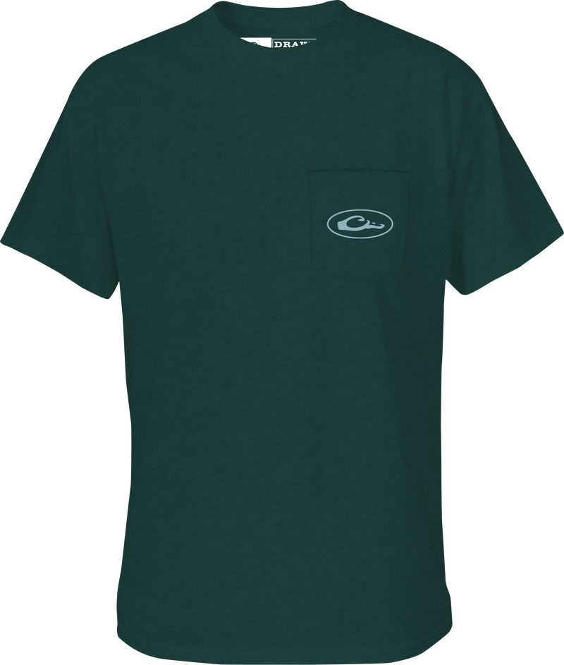 Old School Bar T-Shirt with Drake Logo on front pocket, featuring exclusive Old School Camo print on back; ideal for hunting and casual wear.