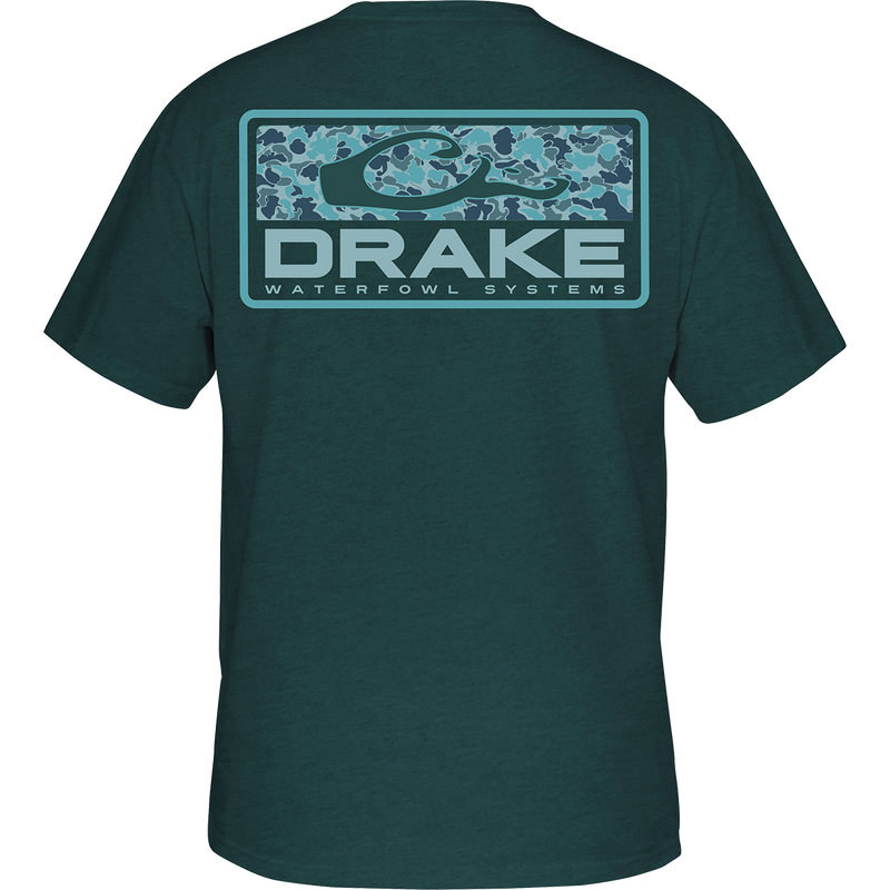 Old School Bar T-Shirt featuring a back print with Drake logo and camo pattern, ideal for hunting and casual wear.