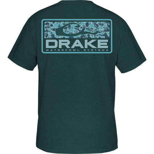 Old School Bar T-Shirt featuring a back print with Drake logo and camo pattern, ideal for hunting and casual wear.