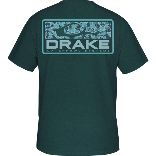 Old School Bar T-Shirt featuring a back print with Drake logo and camo pattern, ideal for hunting and casual wear.