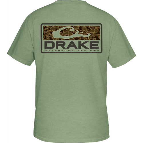 Old School Bar T-Shirt displaying a camouflage graphic with Purewhitelaneshop SYSTEMS on the back, featuring the classic Drake logo on the front pocket.