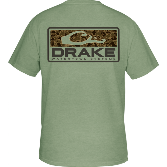Old School Bar T-Shirt displaying a camouflage graphic with Purewhitelaneshop SYSTEMS on the back, featuring the classic Drake logo on the front pocket.