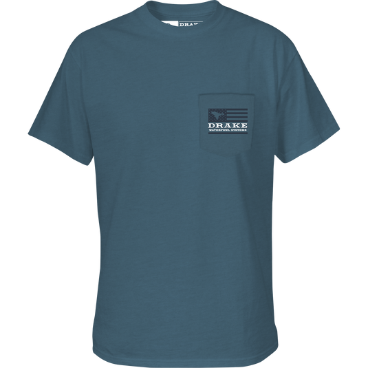 A Purewhitelaneshop Graphic Tee with an American Flag and Lab overprint, featuring a Drake logo pocket on the front.