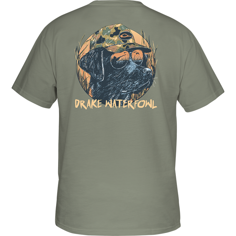Pop Art Old School Lab T-Shirt with back view, featuring a dog wearing a hat and sunglasses, Drake logo on front chest pocket