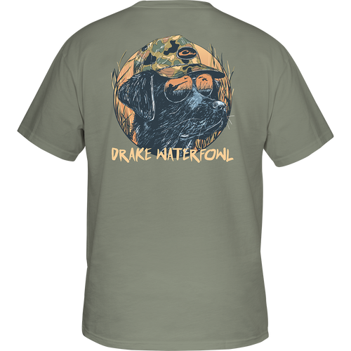 Pop Art Old School Lab T-Shirt with back view, featuring a dog wearing a hat and sunglasses, Drake logo on front chest pocket