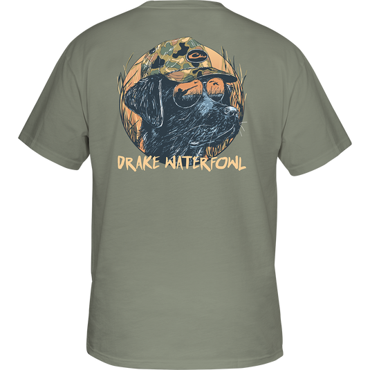 Pop Art Old School Lab T-Shirt with back view, featuring a dog wearing a hat and sunglasses, Drake logo on front chest pocket