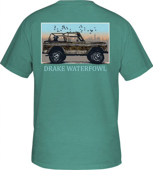 Old School Ride Along T-Shirt: Back of a green shirt with a car and birds, featuring Drake logo pocket and exclusive Old School Camo.