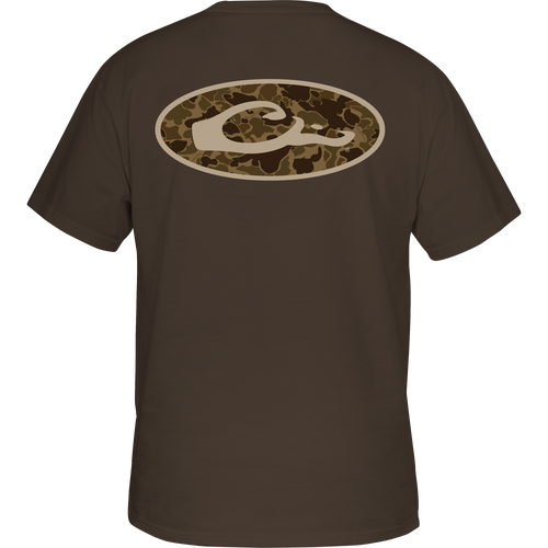 Back view of Old School Oval T-Shirt by Purewhitelaneshop, featuring exclusive Old School Camo logo. 60% Cotton/40% Polyester blend for comfort. Front pocket with Purewhitelaneshop logo.