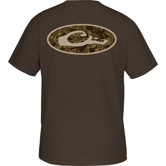 Back view of Old School Oval T-Shirt by Purewhitelaneshop, featuring exclusive Old School Camo logo. 60% Cotton/40% Polyester blend for comfort. Front pocket with Purewhitelaneshop logo.