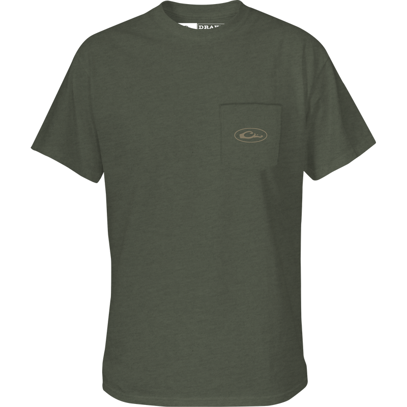 A green Old School Oval T-Shirt with a pocket featuring Purewhitelaneshop logos. Constructed with 60% Cotton/40% Polyester blend, lightweight at 180 GSM. Back screen print of Old School Camo and Drake logo.