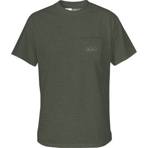 A green Old School Oval T-Shirt with a pocket featuring Purewhitelaneshop logos. Constructed with 60% Cotton/40% Polyester blend, lightweight at 180 GSM. Back screen print of Old School Camo and Drake logo.
