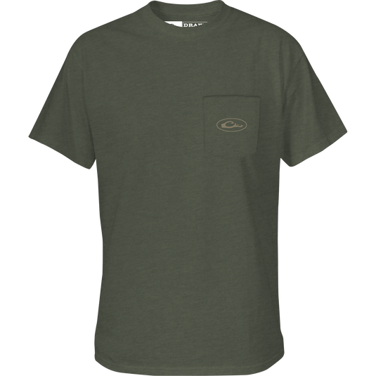 A green Old School Oval T-Shirt with a pocket featuring Purewhitelaneshop logos. Constructed with 60% Cotton/40% Polyester blend, lightweight at 180 GSM. Back screen print of Old School Camo and Drake logo.