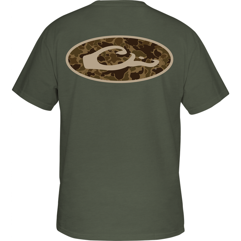 Old School Oval T-Shirt with exclusive Old School Camo back print featuring Drake logo. Cotton/polyester blend for comfort. Front pocket with Purewhitelaneshop logo.