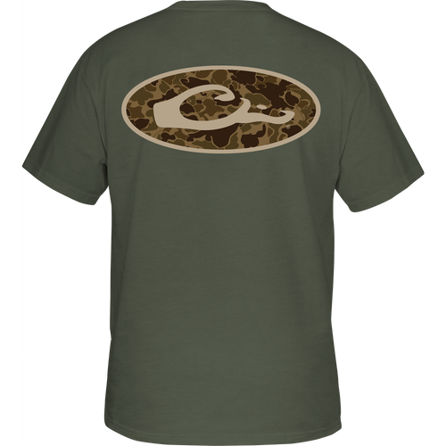 Old School Oval T-Shirt with exclusive Old School Camo back print featuring Drake logo. Cotton/polyester blend for comfort. Front pocket with Purewhitelaneshop logo.