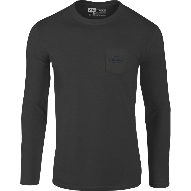 A black long-sleeved shirt with a Drake logo pocket, featuring an American Flag and Drake logo overlay graphic from the Americana Drake Series of back graphic tees.