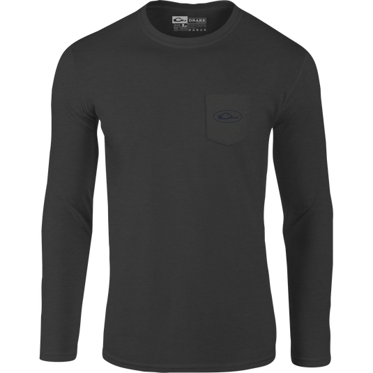 A black long-sleeved shirt with a Drake logo pocket, featuring an American Flag and Drake logo overlay graphic from the Americana Drake Series of back graphic tees.